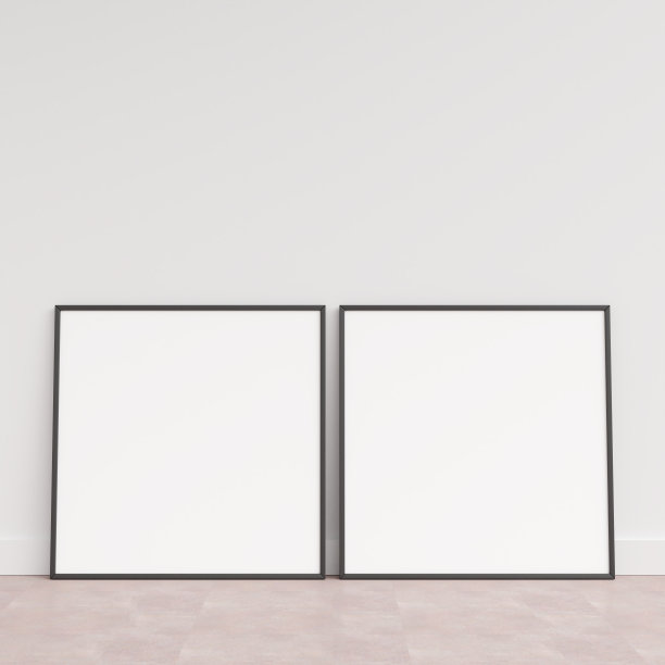 靠着墙的木地板上的空相框。空白的海报框架立在木地板上。空白海报框架模型。空相框模型。3 d渲染。图片下载