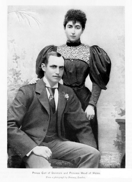 丹麦卡尔王子(挪威国王哈康七世)和妻子威尔士莫德公主照片肖像，19-20世纪欧洲历史图片下载