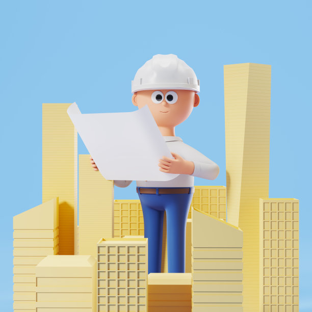 戴着头盔拿着图纸的卡通人物在大城市里，土木工程师图片下载