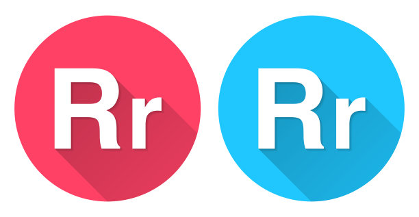 字母R -大写和小写。圆形图标与长阴影在红色或蓝色的背景图片下载