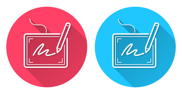 电子签名。圆形图标与长阴影在红色或蓝色的背景图片下载