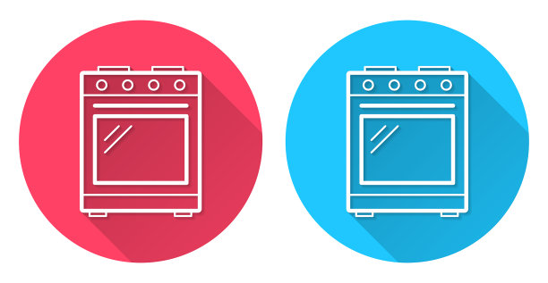 煤气炉-煤气灶。圆形图标与长阴影在红色或蓝色的背景图片下载