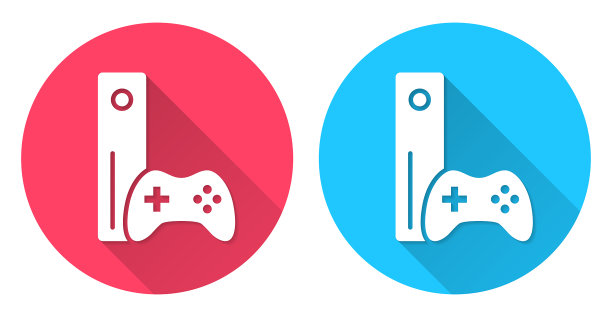 带手柄的游戏机。圆形图标与长阴影在红色或蓝色的背景图片下载