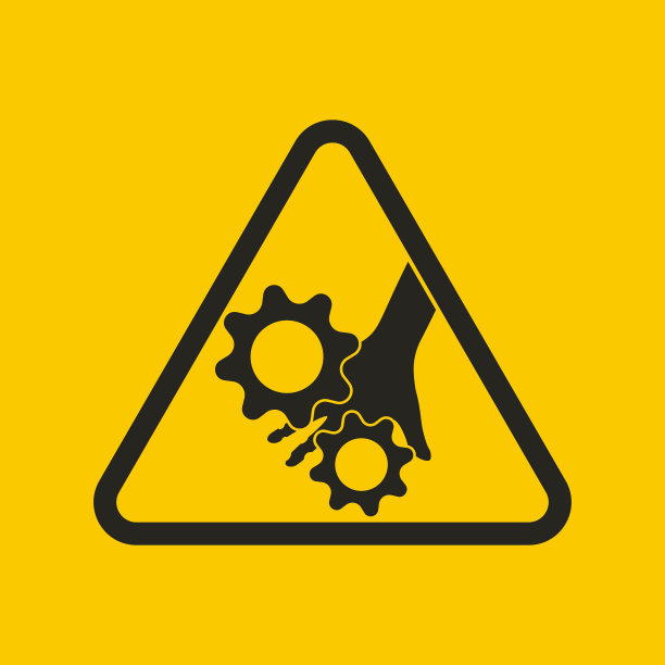 孤立三角形黑色象形文字警告标签伤害危险手指手指压碎活动部分附有手的图片，齿轮为安全标志，警告危险信息标签图片下载