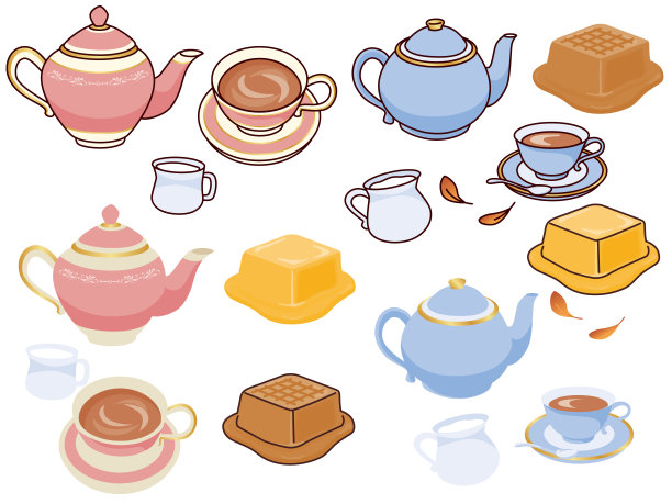茶的插图。奶茶、黄油、焦糖、牛奶、素描、茶壶和咖啡。图片下载