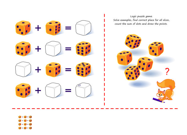 逻辑益智游戏为儿童和成人。解决例子，找到正确的位置为所有的骰子，计算点的总和，并画出点。儿童脑筋急转弯书页。数学练习。图片下载