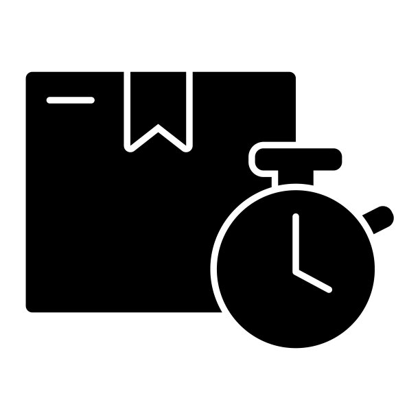 包裹盒与时钟固体图标，交付和包装符号，纸箱纸箱和手表矢量标志在白色背景，快速服务图标字形风格。矢量图形。图片下载