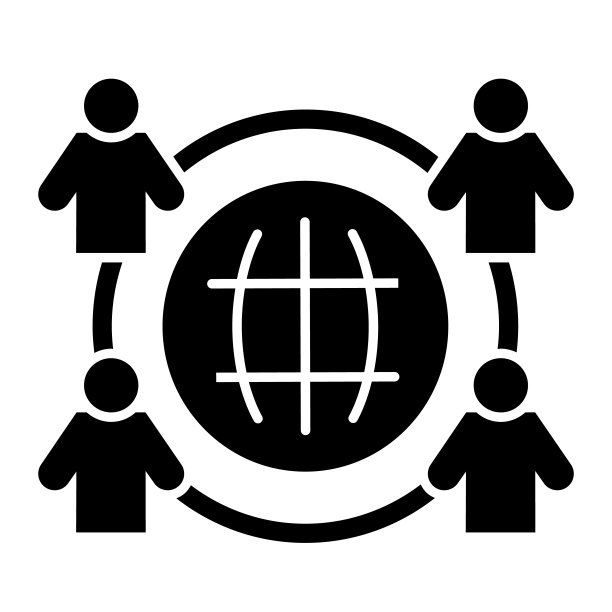 员工外包实体图标。业务外包，地球和四个人物符号，白色背景上的字形样式象形图。用于移动网页设计的团队合作。矢量图形。图片下载