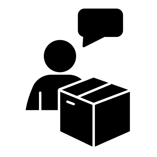 Man with speech bubble with box solid icon, Logistics delivery symbol，客户反馈对话向量符号在白色背景上，包裹和聊天图标字形风格。向量。图片下载