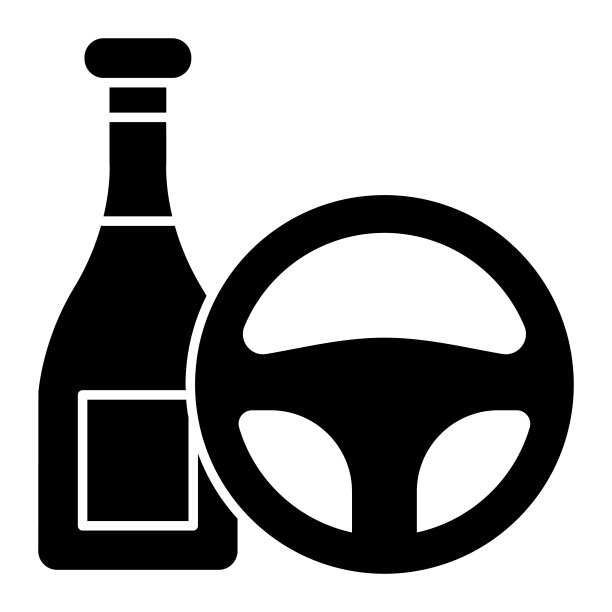禁止酒后驾驶实心图标。方向盘和酒精瓶符号，白色背景上的字形样式象形图。汽车事故标志移动概念网页设计。矢量图形。图片下载