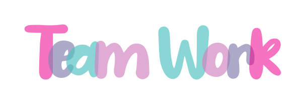 团队工作标志标题，排版，创意字体，粉红色，紫色，蓝色，丁香色组合在白色背景，贴纸，标签。透明的刻字。词图片下载