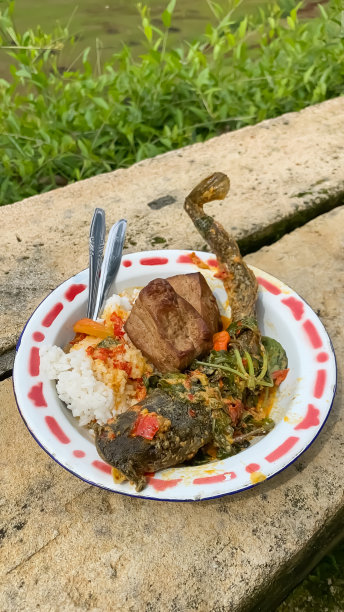 从高角度拍摄的Mangut leele的照片，典型的爪哇食物来自日惹和Solo的白米饭。传统的鲶鱼菜肴，盛在石桌上的陶盘里，充满了香料和辛辣。图片下载