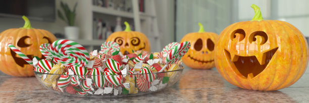 万圣节南瓜与一碗糖果3d渲染图片下载