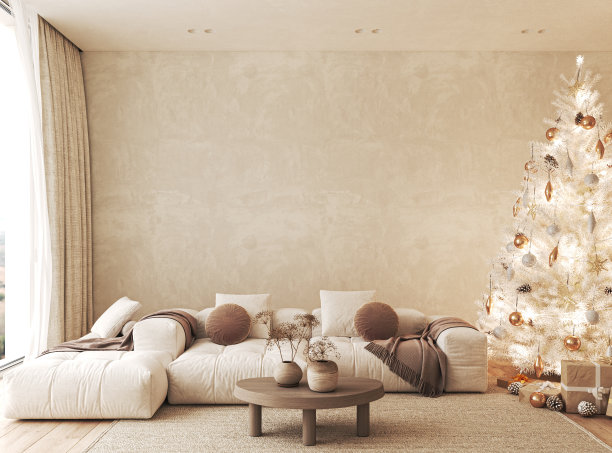 当代斯堪的纳维亚波西米亚白色米色客厅与沙发和装饰地毯的背景。大型现代日本圣诞树和自然景观。3d渲染模型。高质量3d插图图片下载