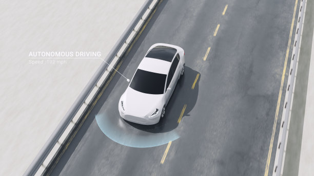 采用雷达扫描的高速公路自动驾驶汽车，采用智能人工智能技术的未来自动驾驶电动汽车，无线驾驶导航控制网络概念3d渲染图片下载