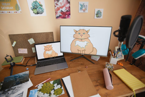 孩子们的书桌，电脑和学习用品放在木桌上图片下载