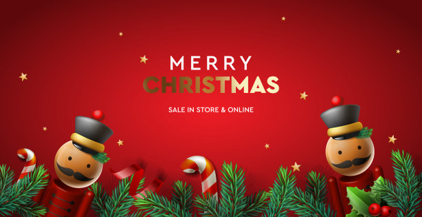 圣诞销售网页横幅与冷杉枝边界和胡桃夹子，糖果棒装饰元素在红色的背景。现实的设计。明亮的圣诞节和新年背景，矢量插图图片下载