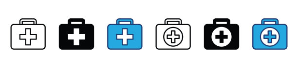 急救箱线和平面图标集。急救箱，医疗护理袋图标符号。矢量图图片下载