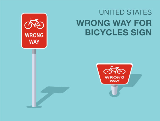 交通规则。孤立的美国自行车错误的道路标志。正面和顶视图。矢量插图模板。图片下载