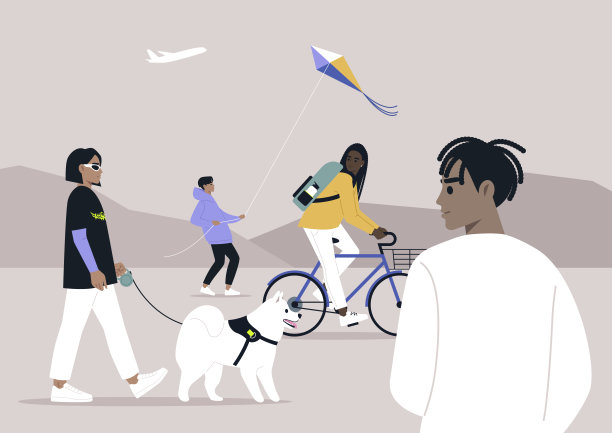 一群不同的年轻人在公园里散步，参加一系列典型的夏季娱乐活动，包括骑自行车和放风筝图片下载