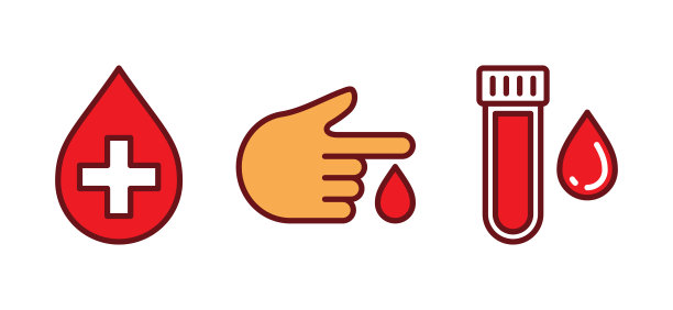 血液测试图标集。手上有滴血的图标符号。水，滴，红十字，管。医疗矢量图图片下载