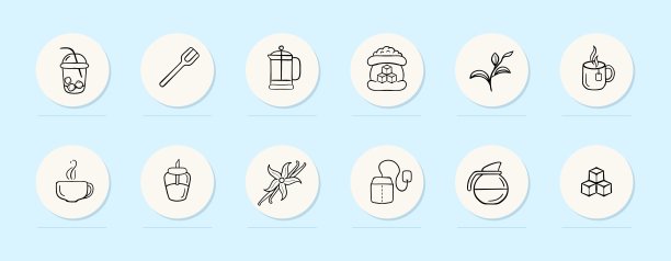 糖线图标。糖果、鸡尾酒、勺子、茶、杯子、咖啡、茶壶、咖啡渣、手杖。柔和的颜色背景。矢量线图标图片下载