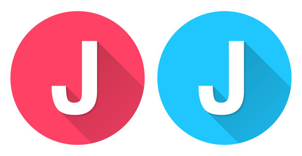 字母J，红蓝背景长阴影圆形图标图片下载