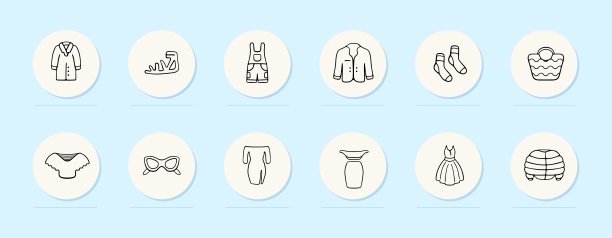 衣服线图标。裙子，围裙，面具，包，羽绒服，外套。柔和的颜色背景。矢量线图标图片下载