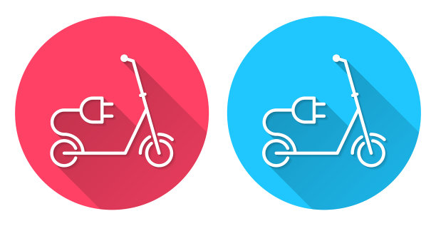 带插头的电动滑板车。圆形图标与长阴影在红色或蓝色的背景图片下载