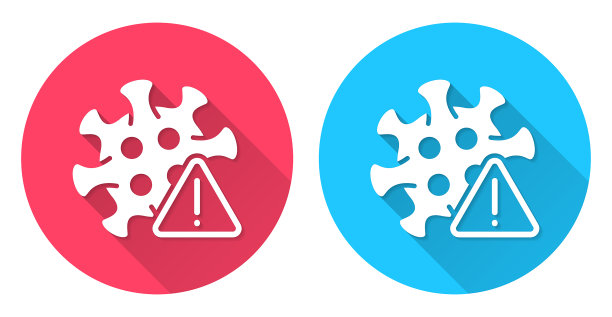 冠状病毒警告。圆形图标与长阴影在红色或蓝色的背景图片下载
