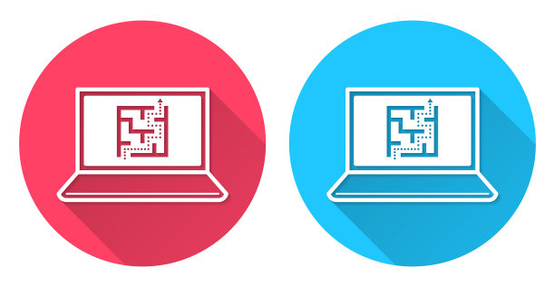 带迷宫的笔记本电脑。圆形图标与长阴影在红色或蓝色的背景图片下载