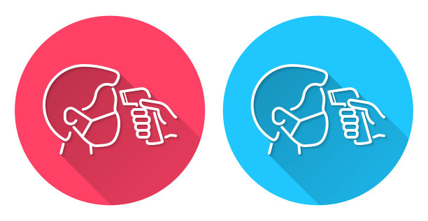 检查体温。圆形图标与长阴影在红色或蓝色的背景图片下载