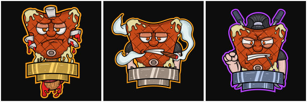 一套牛排吉祥物卡通。悲伤，得意和愤怒的脸。空白的迹象。用于食品，肉类，烧烤和牛肉标志。图片下载