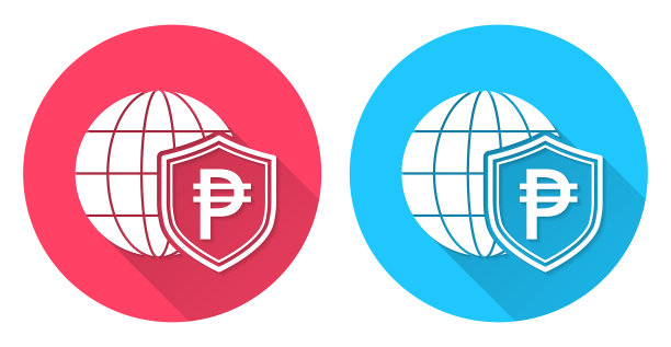 比索盾牌与地球仪。圆形图标与长阴影在红色或蓝色的背景图片下载