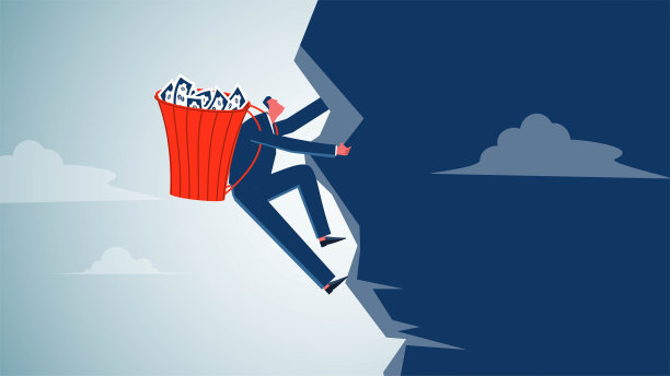 勇敢的商人，成功的决心，毅力和挑战，不惧危险和困难，商人爬上悬崖，背着篮子去捡钱图片下载