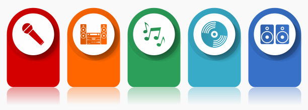 多媒体图标集，各种矢量图标，如麦克风，立体声设备，乙烯基和扬声器，现代设计信息图模板，5种颜色选项的网页按钮图片下载