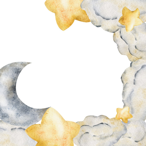 水彩手绘插画，神奇的宇宙宇宙物品，月亮，星星，天空中的云。边界框架孤立在白色背景上。变形的效果。儿童，儿童卧室，织物，亚麻印花图片下载
