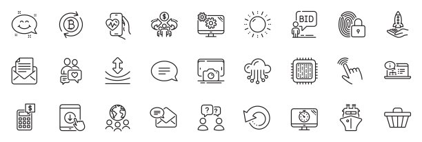 云存储、太阳能和计算器线性图标包：Web应用矢量素材图片下载