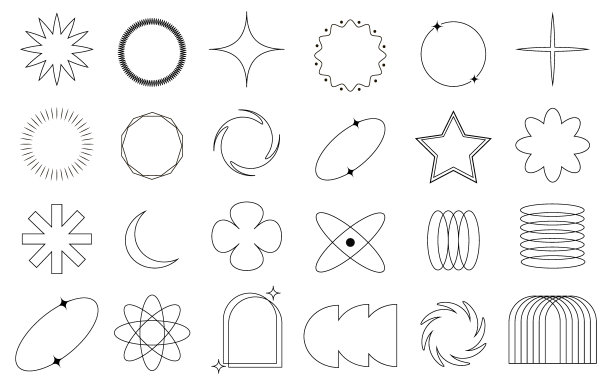 一组线性抽象几何形状的Y2K风格。时尚的图形元素在透明的背景。PNG元素图片下载