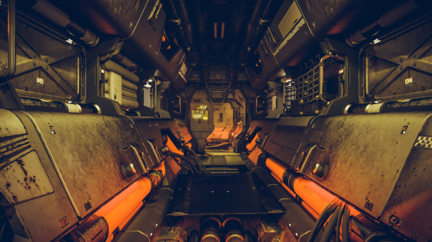 3d插图渲染。科幻垃圾摇滚损坏金属走廊背景图片下载