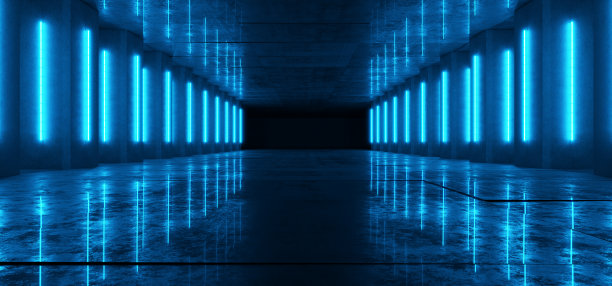 混凝土展览霓虹灯蓝粉灯空地下条纹大黑暗垃圾大厅隧道走廊工作室大厅黑暗大厅光泽画廊入口车库3D渲染图片下载