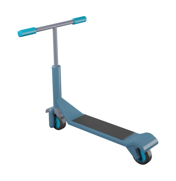 3D插图渲染蓝色推滑板车儿童模型在车轮上的白色背景图片下载