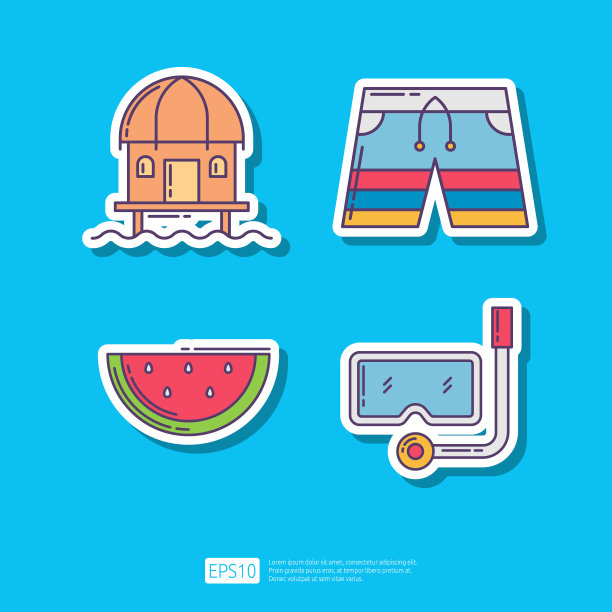 采购产品海滨别墅，泳裤运动短裤，西瓜蔬菜和水果，浮潜面具。暑假贴纸图标矢量插图集图片下载