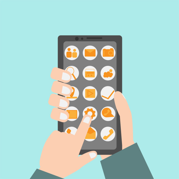 人手握智能手机和触摸齿轮图标手机菜单应用程序。图片下载