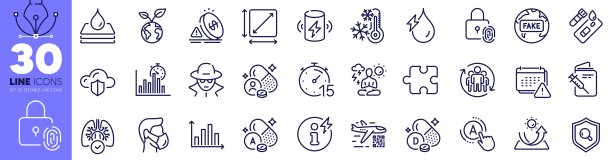 指纹锁、水力发电和AB测试线性图标包，用于Web应用程序，矢量图片下载