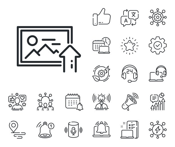 上传照片线图标。图像缩略图标志。放置位置，技术和智能扬声器。向量图片下载