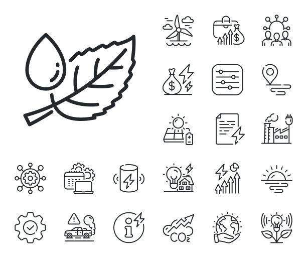 薄荷叶与水滴线图标。自然植物露的迹象。能源，二氧化碳排放和太阳能电池板。向量图片下载