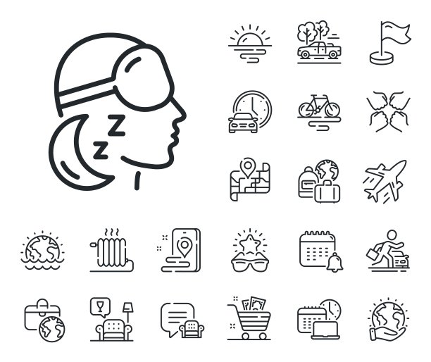 失眠线图标。护目镜标志。飞机、旅行地图和行李领取处。向量图片下载