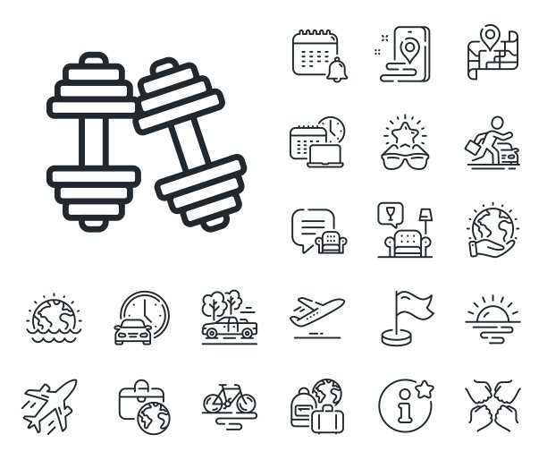 哑铃线图标。健身器材标志。飞机、旅行地图和行李领取处。向量图片下载