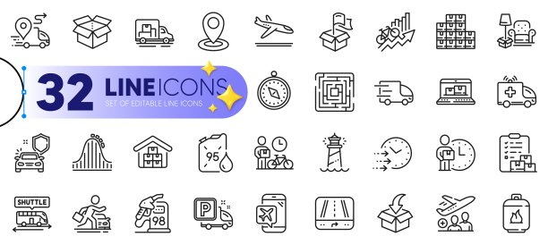 用于Web应用的打开的盒子、GPS和交货时间线条图标轮廓集，矢量图片下载